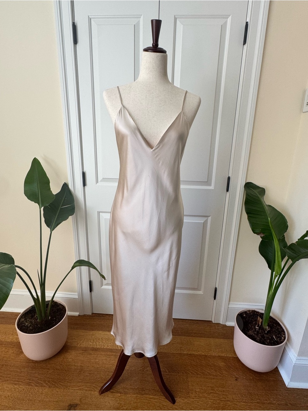 L’Agence Silky V-Neck Slip Dress — Champagne